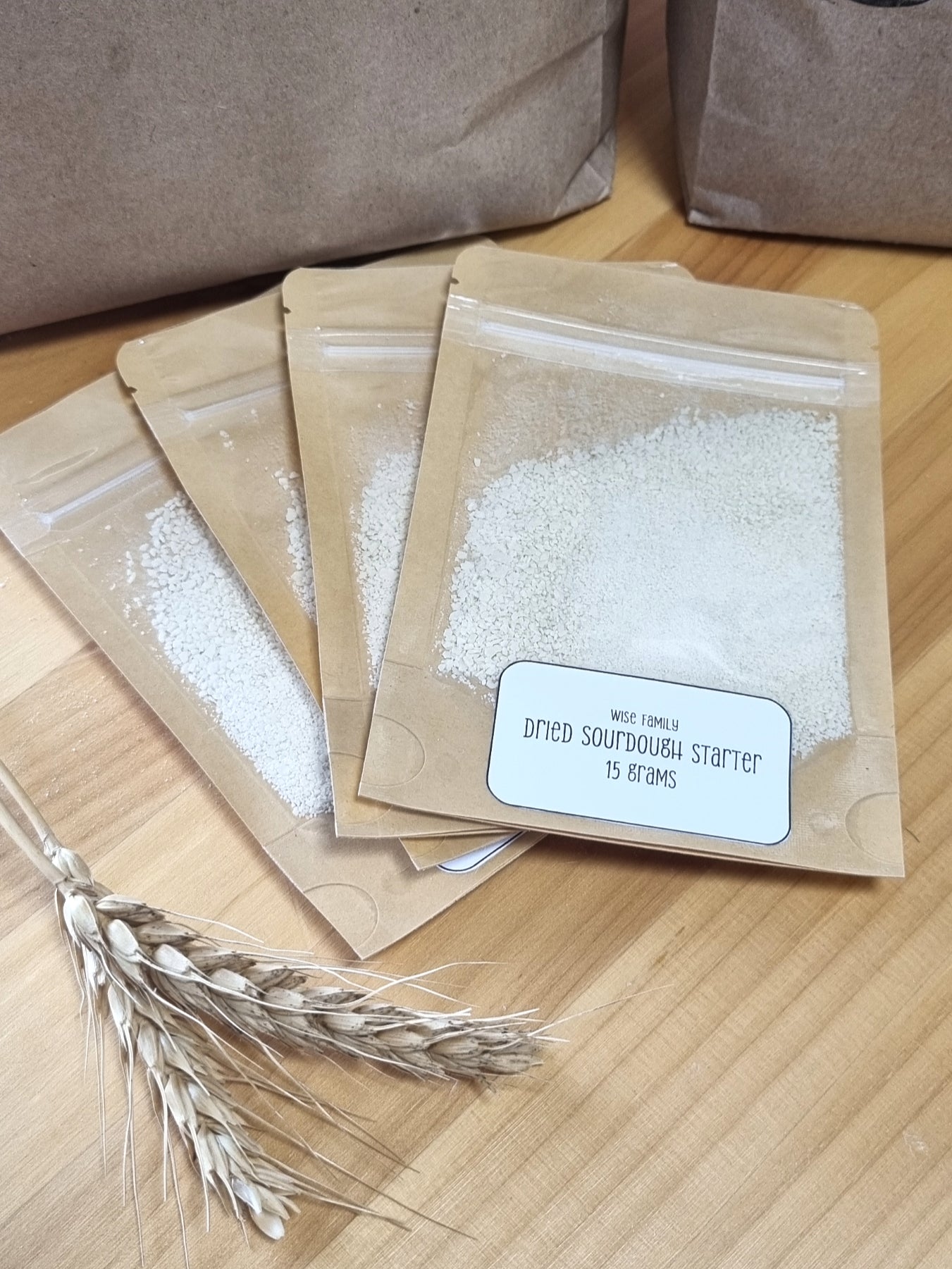Dehydrated sourdough starter flakes, packaged for easy storage and home sourdough baking