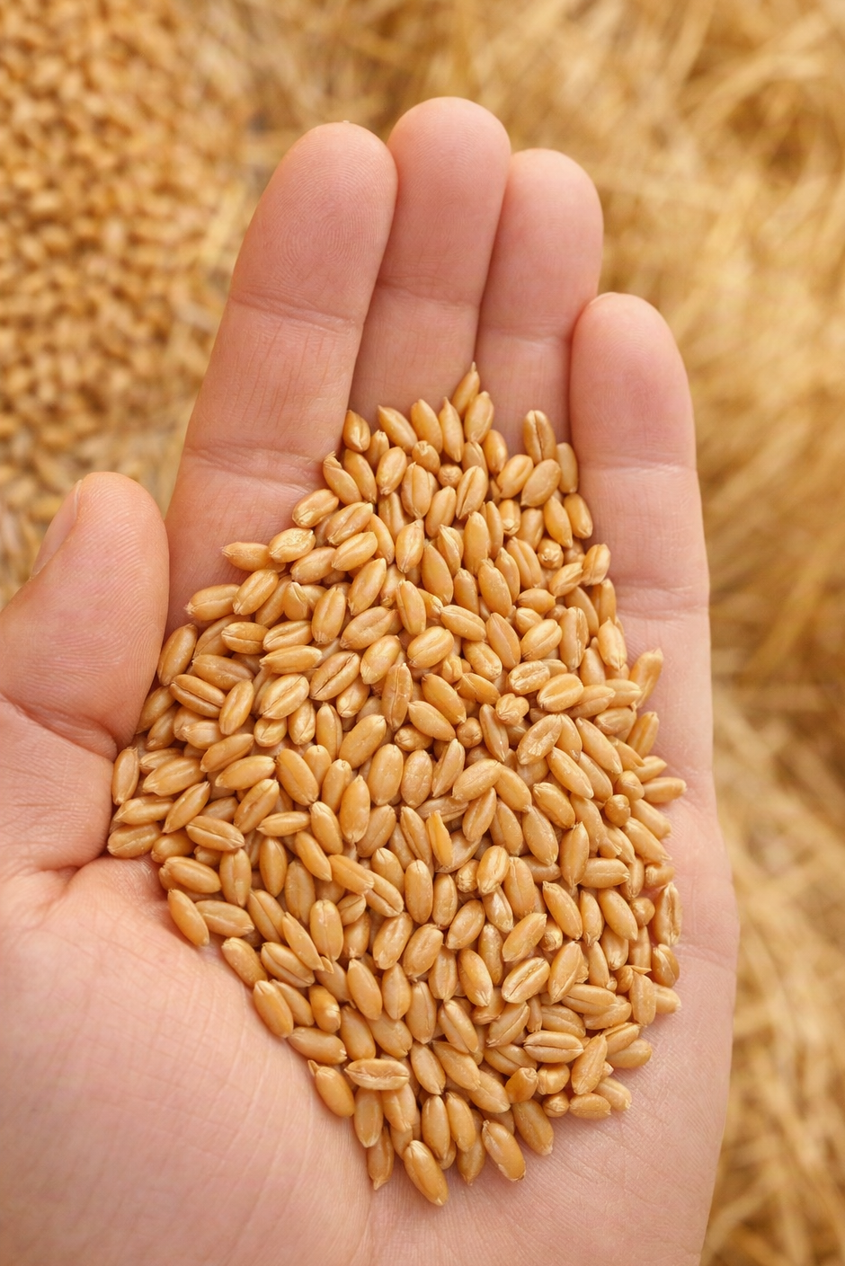 A close-up of a hand holding a pile of small golden wheat grains, with a blurred background of straw and more wheat.